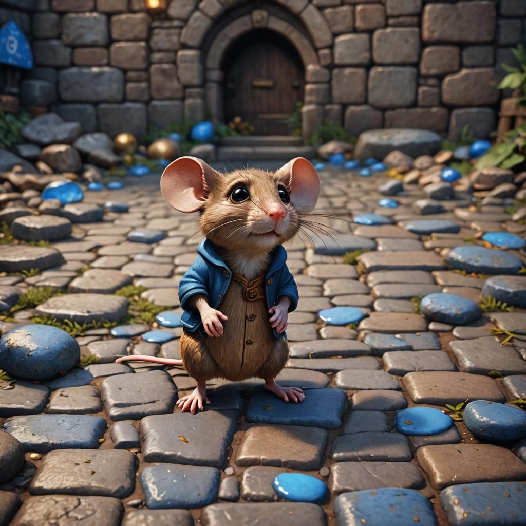 Cartoon Mouse with Blue Eyes on Cobblestone Road