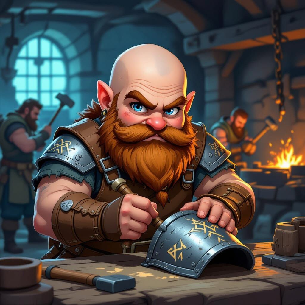 Dwarf Warrior Inscribes Runes in Manga Style Forge