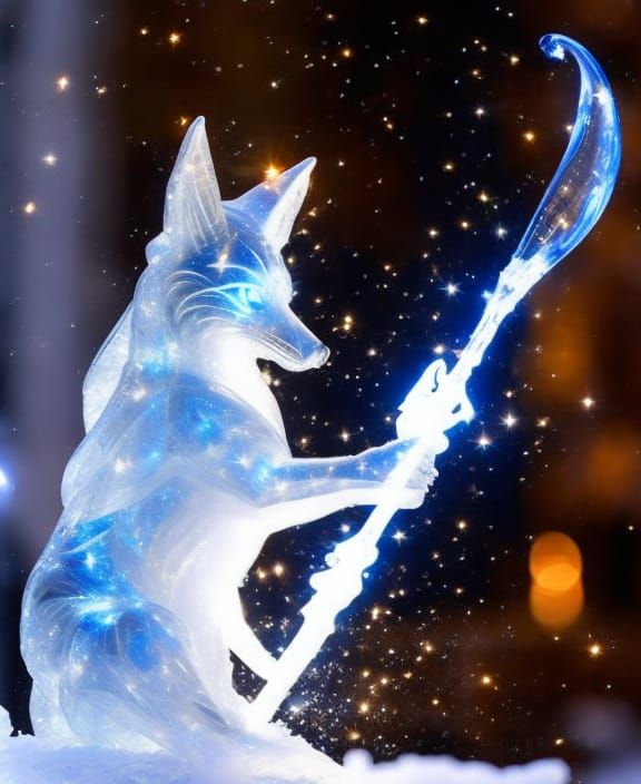 Crystalline Ice Fox Wizard Sculpture with Magical Effects
