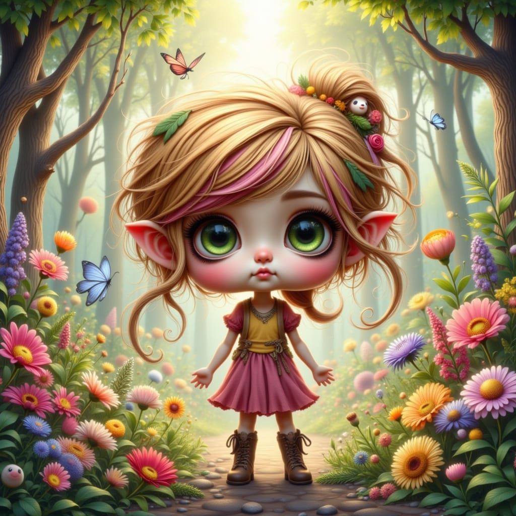 Cute Pixie in Enchanted Forest, Digital Art