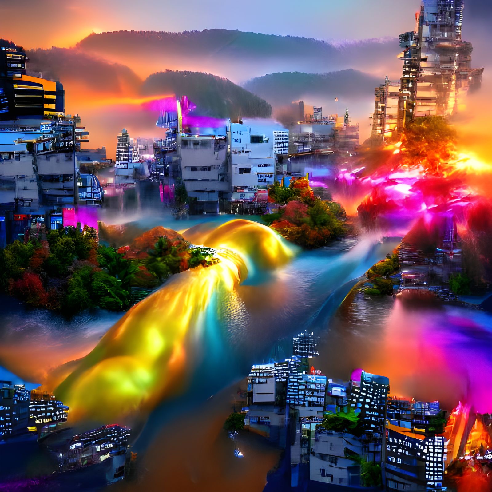 Golden Cyberpunk Japan Sunset with Rainbow Lights