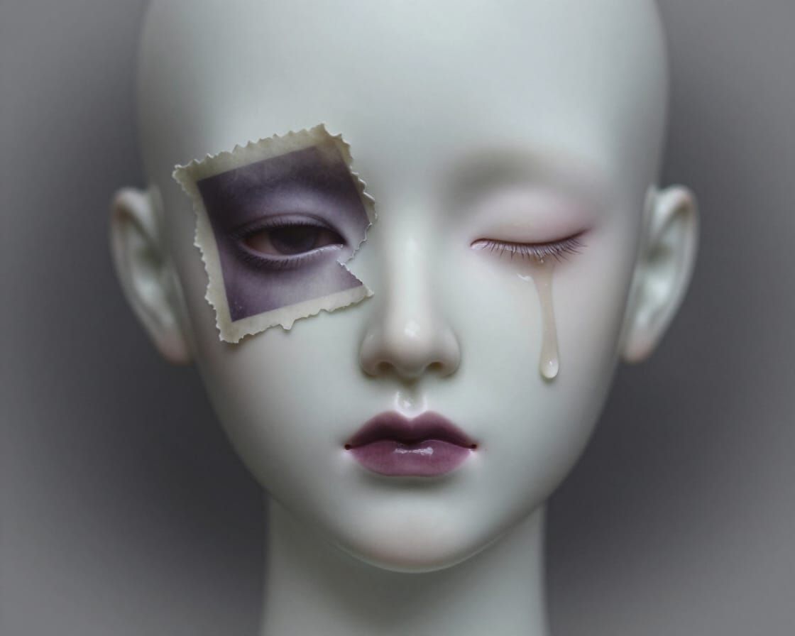 Surreal Porcelain Face with Tearful Eye