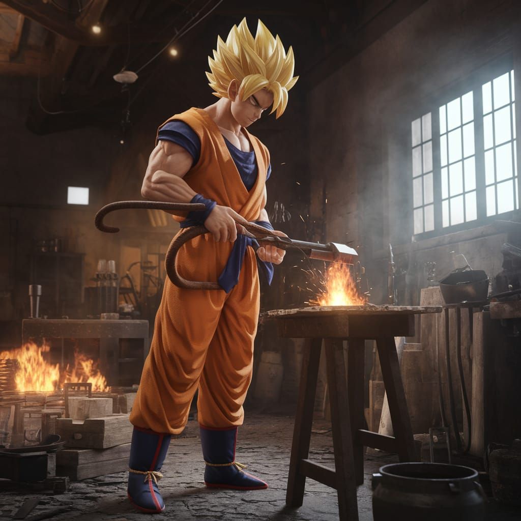 Goku, Master Blacksmith in a Blazing Forge