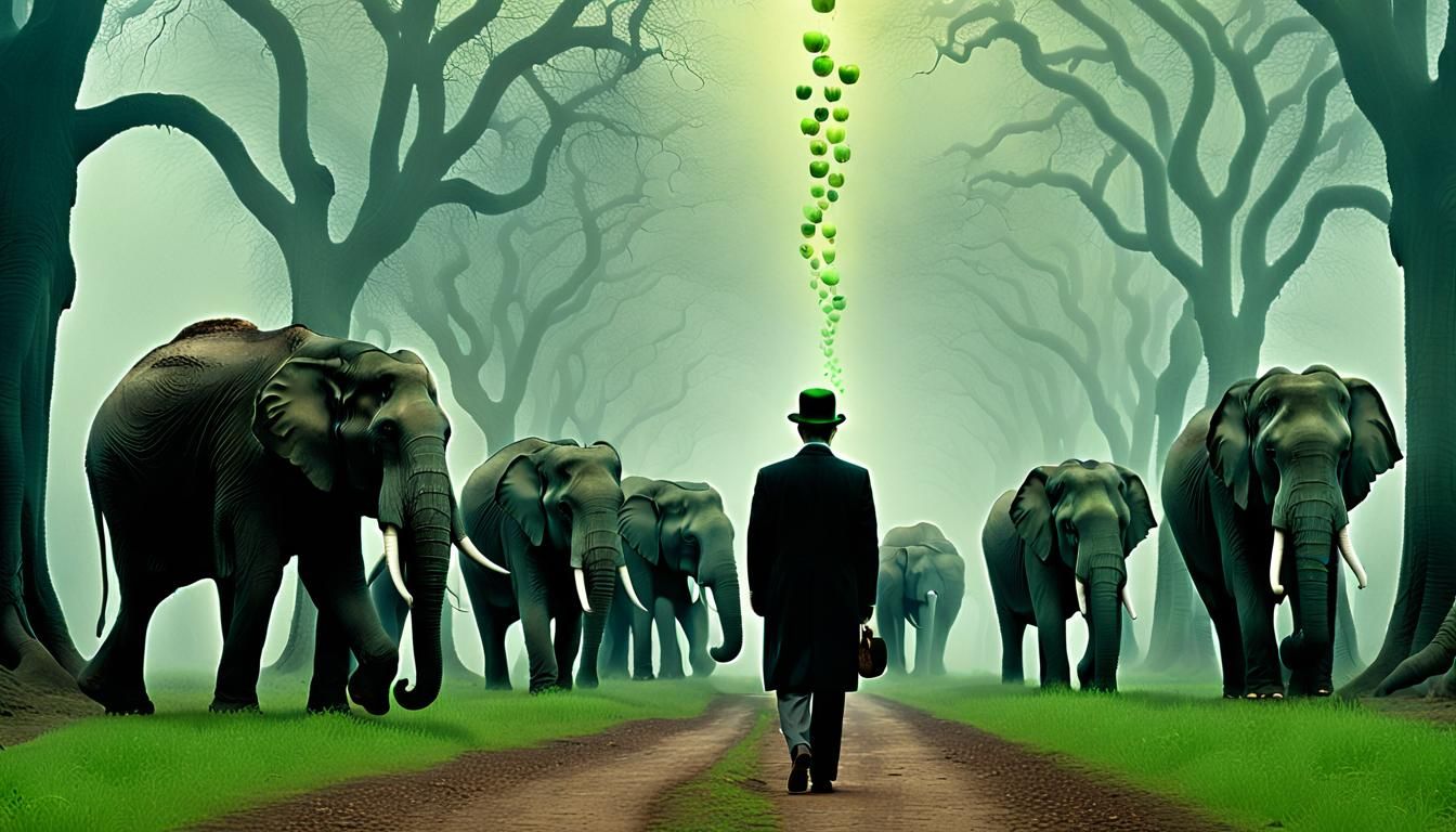 Surreal Forest Walk with Elephants and Green Apple