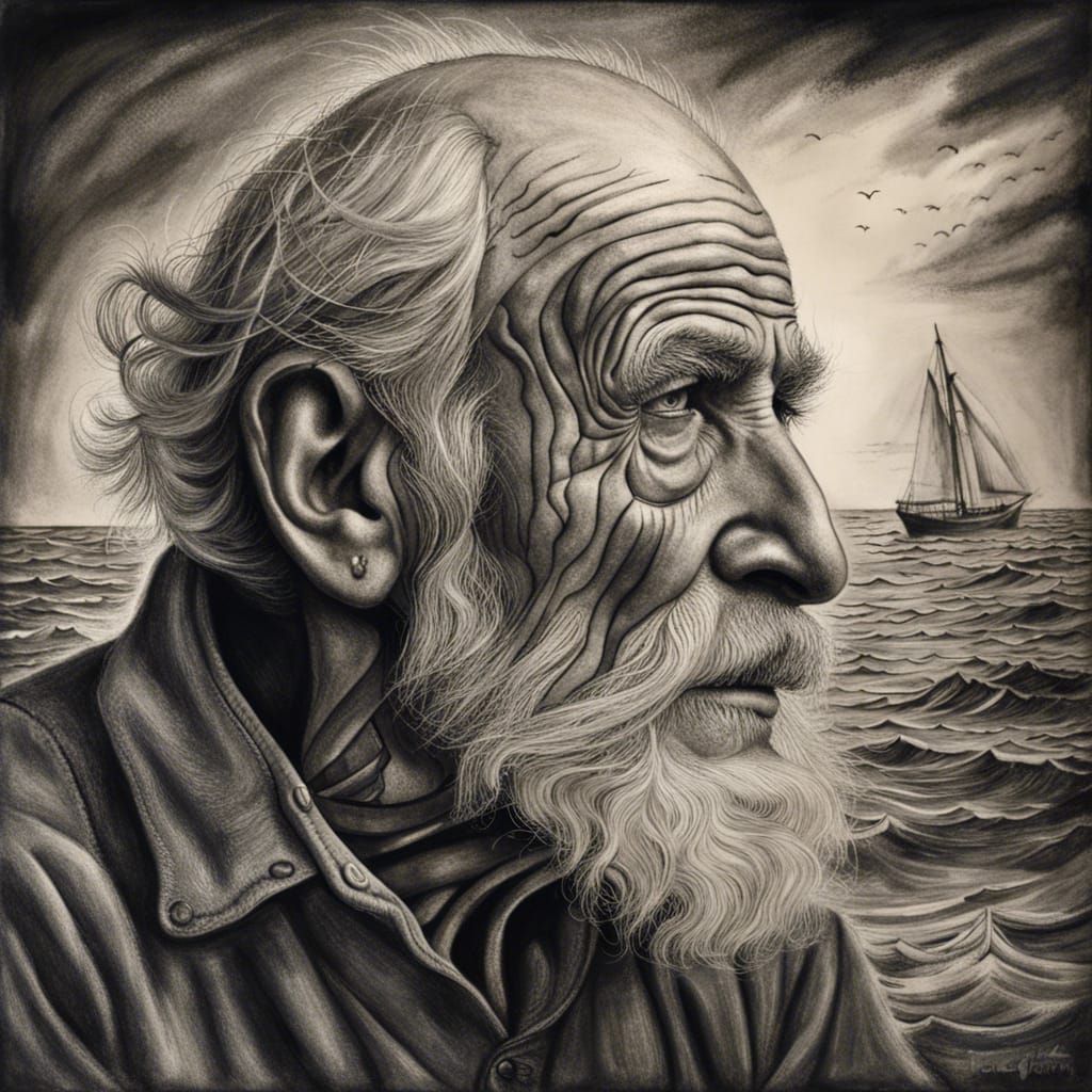 Hyperdetailed Charcoal Drawing: The Old Man and the Sea