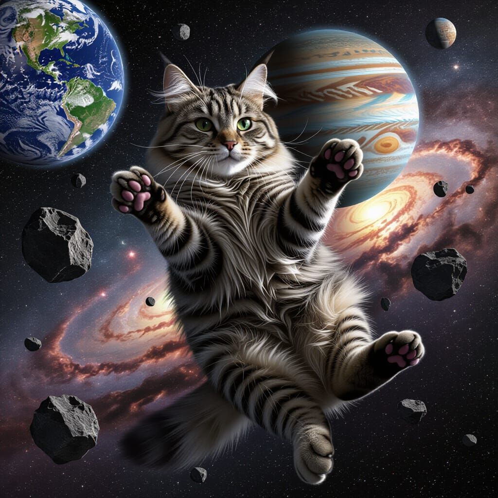 Giant Tabby Cat Batting Asteroids in Space Art
