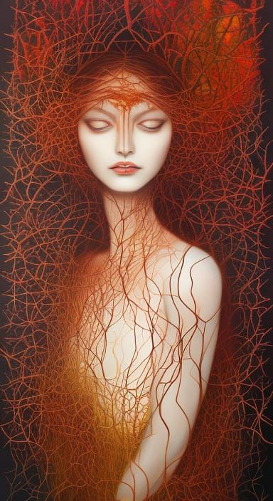 Sunset Human-Vine Hybrid in Forest, Elegant Art Style