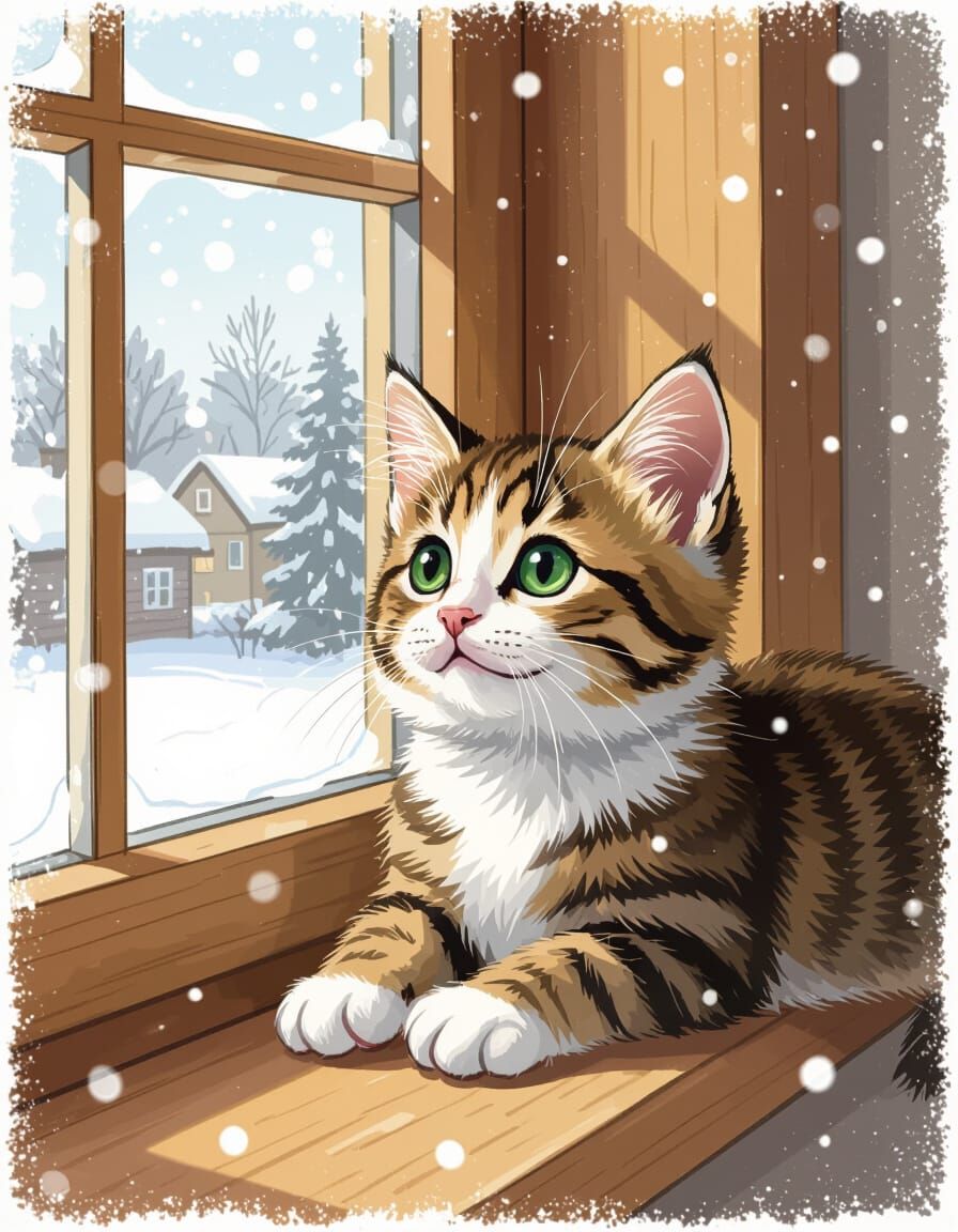 Cute Kitten Watches Snowfall From Cozy Window