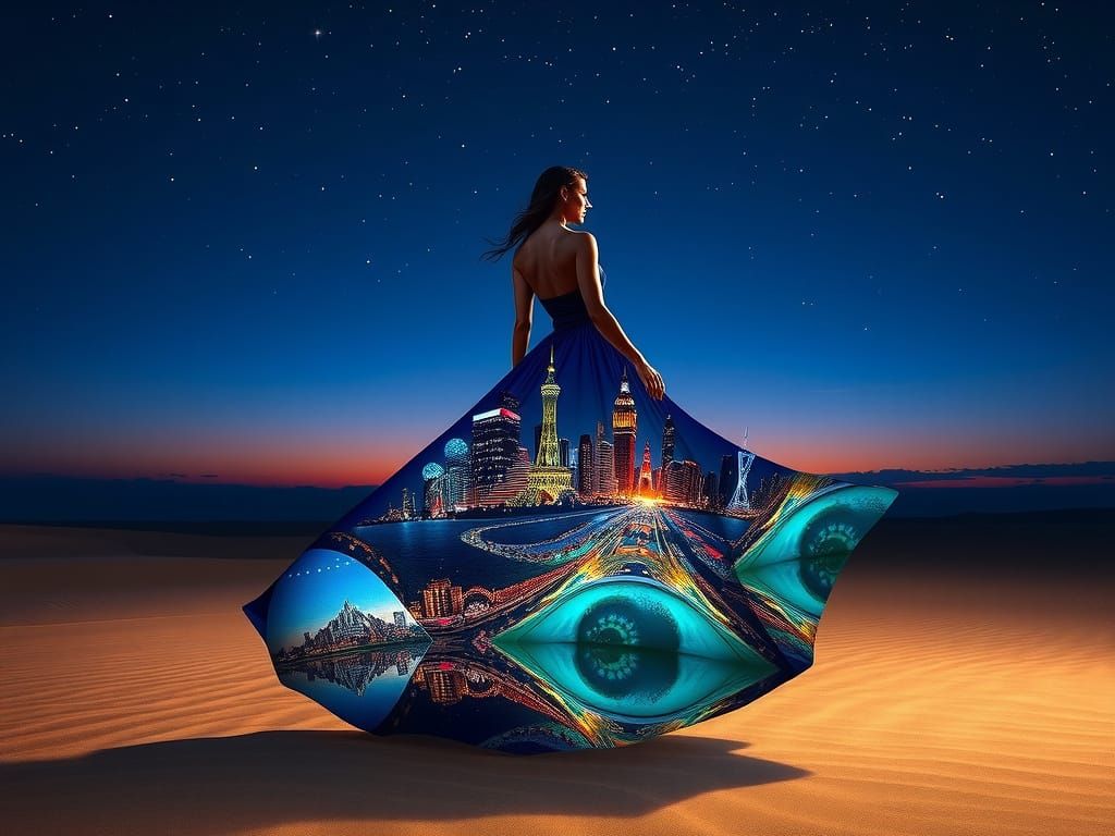 Surreal Desert Goddess in Shimmering Eye Cityscape Gown