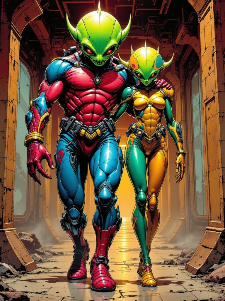 Alien Couple Explores Spaceship Hallway in Googie Style