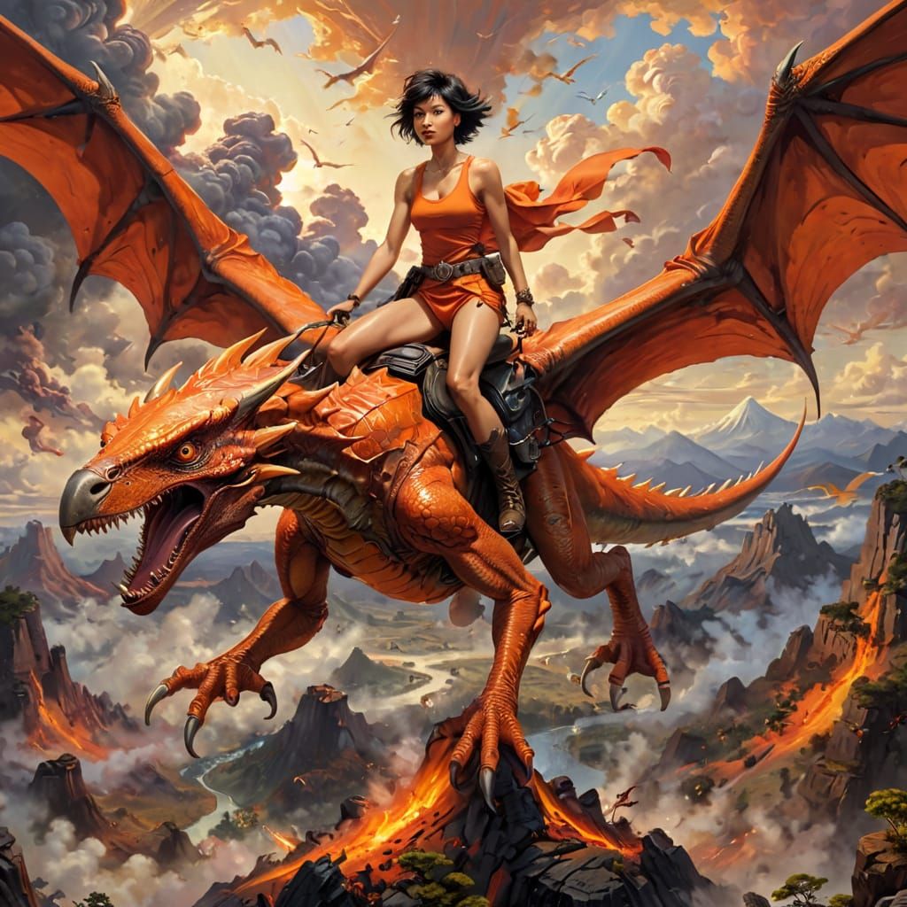 Woman on Pterodactyl Soaring Over Prehistoric World