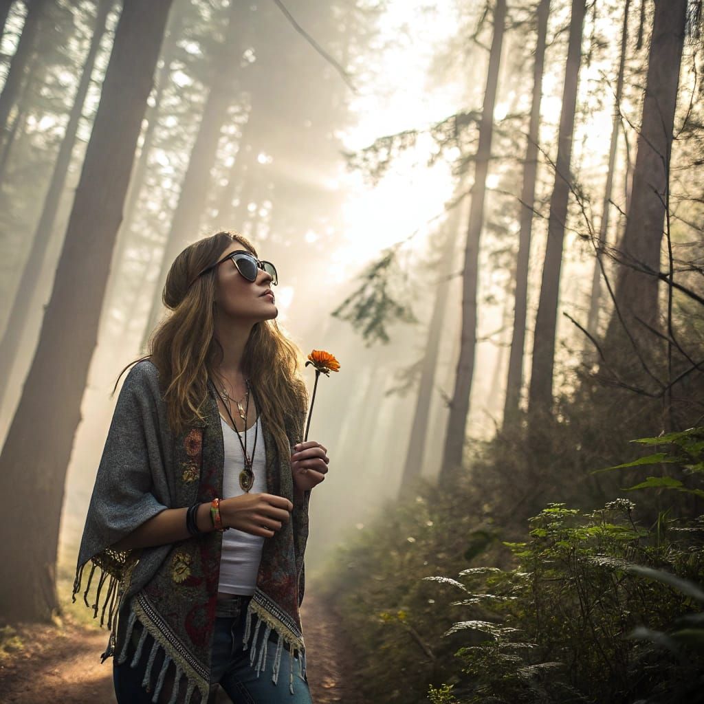 Vibrant Hippie Goddess in Mystical Forest, Inspired by Cyber...
