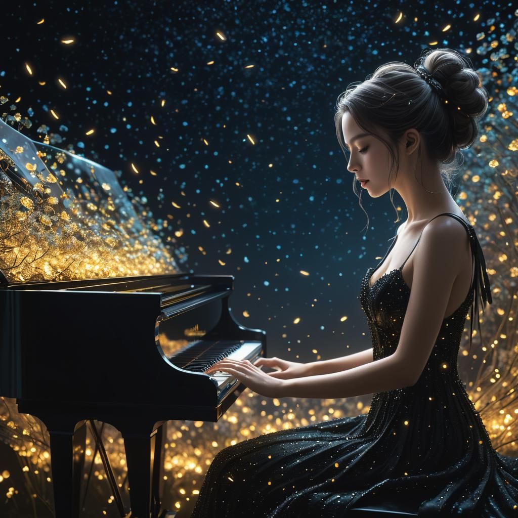 Firefly Piano Player in Bioluminescent Rose Garden