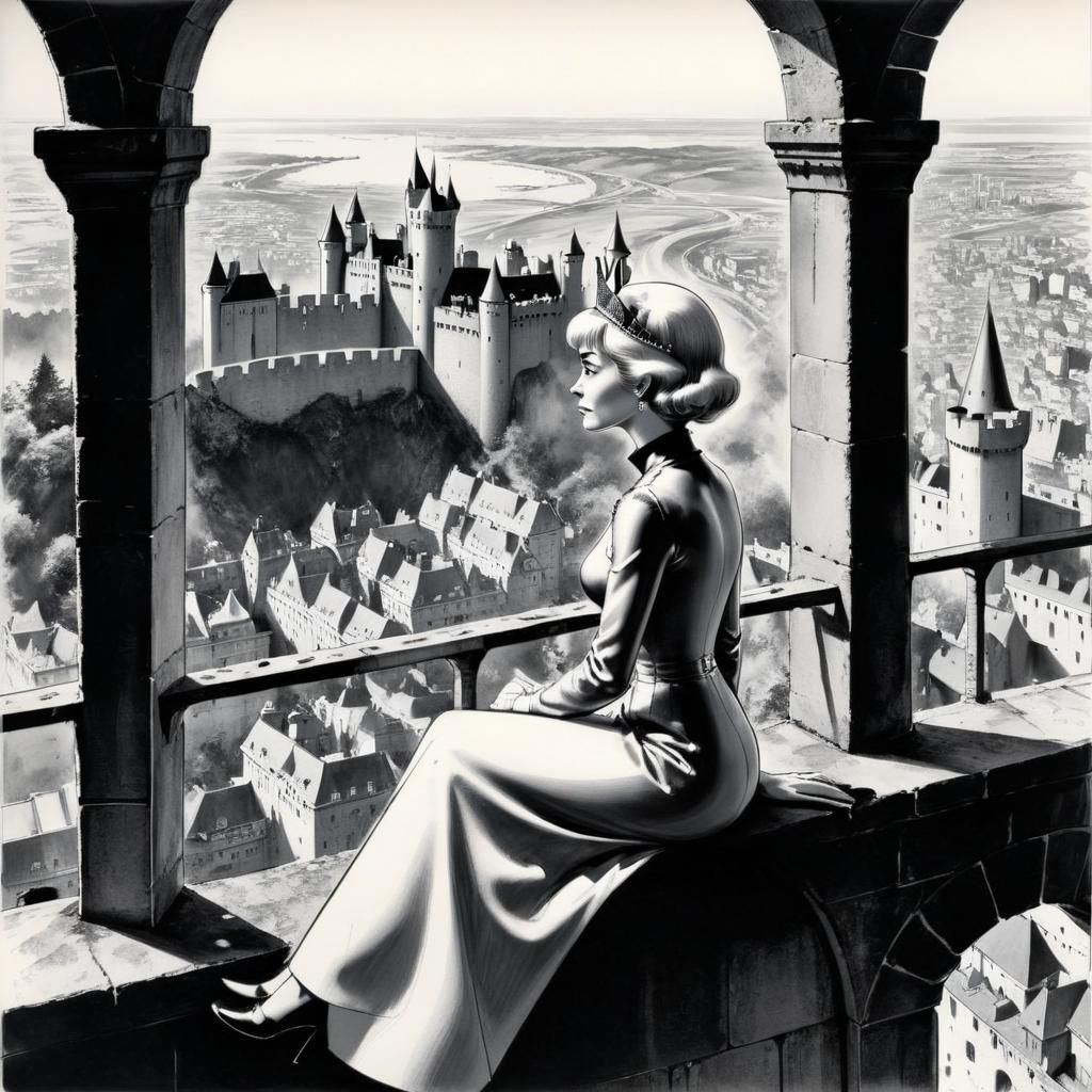 Queen Views City in Graphic Novel Style