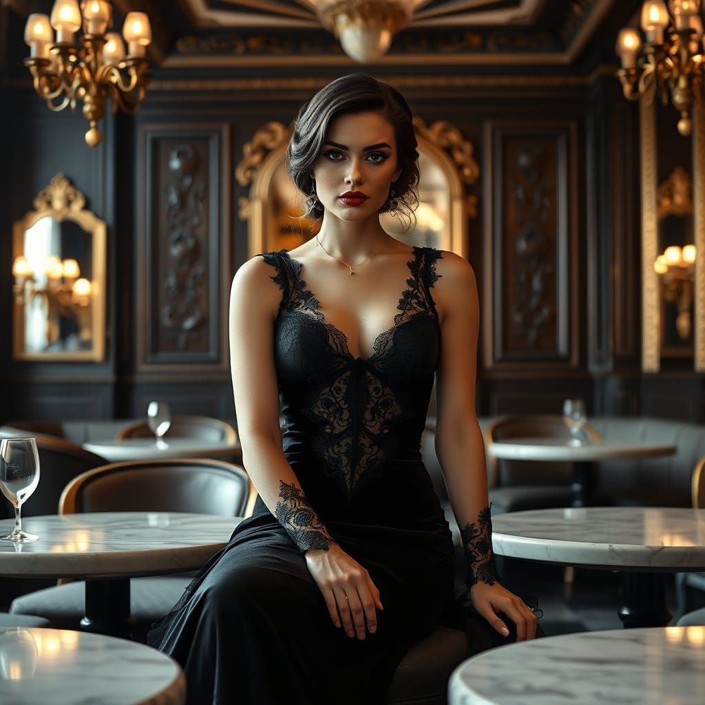 Gothic Woman in Vintage Cafe, Photorealistic Style