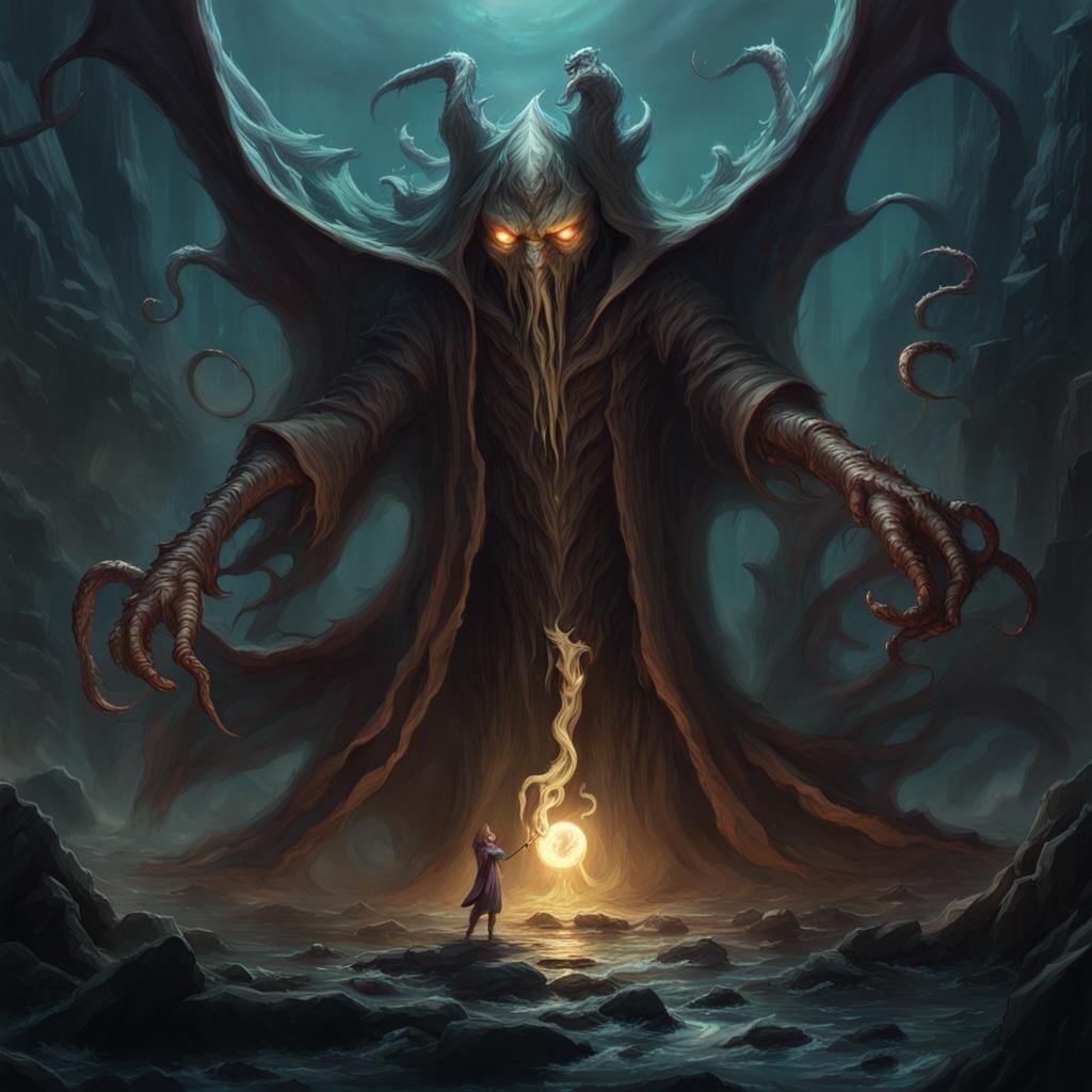 Eldritch Monster Confronts Wizard: Detailed Concept Art