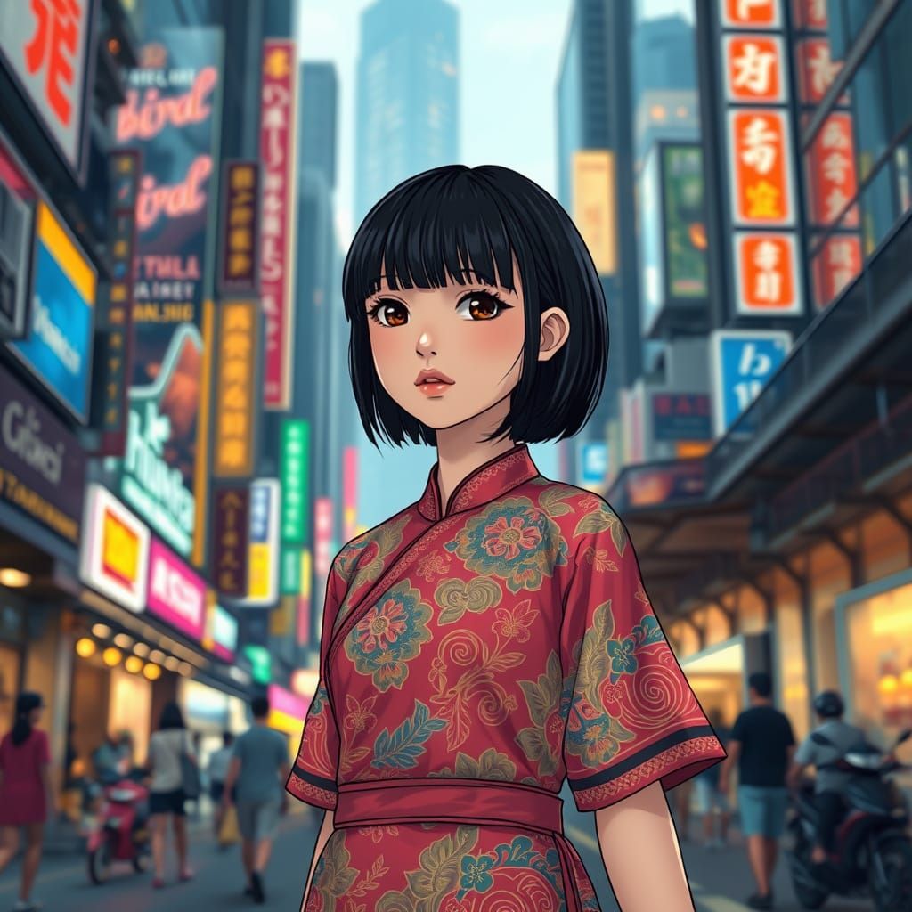 Girl in Vibrant Sabai Dress Walks Amidst Neon City Skyscrape...