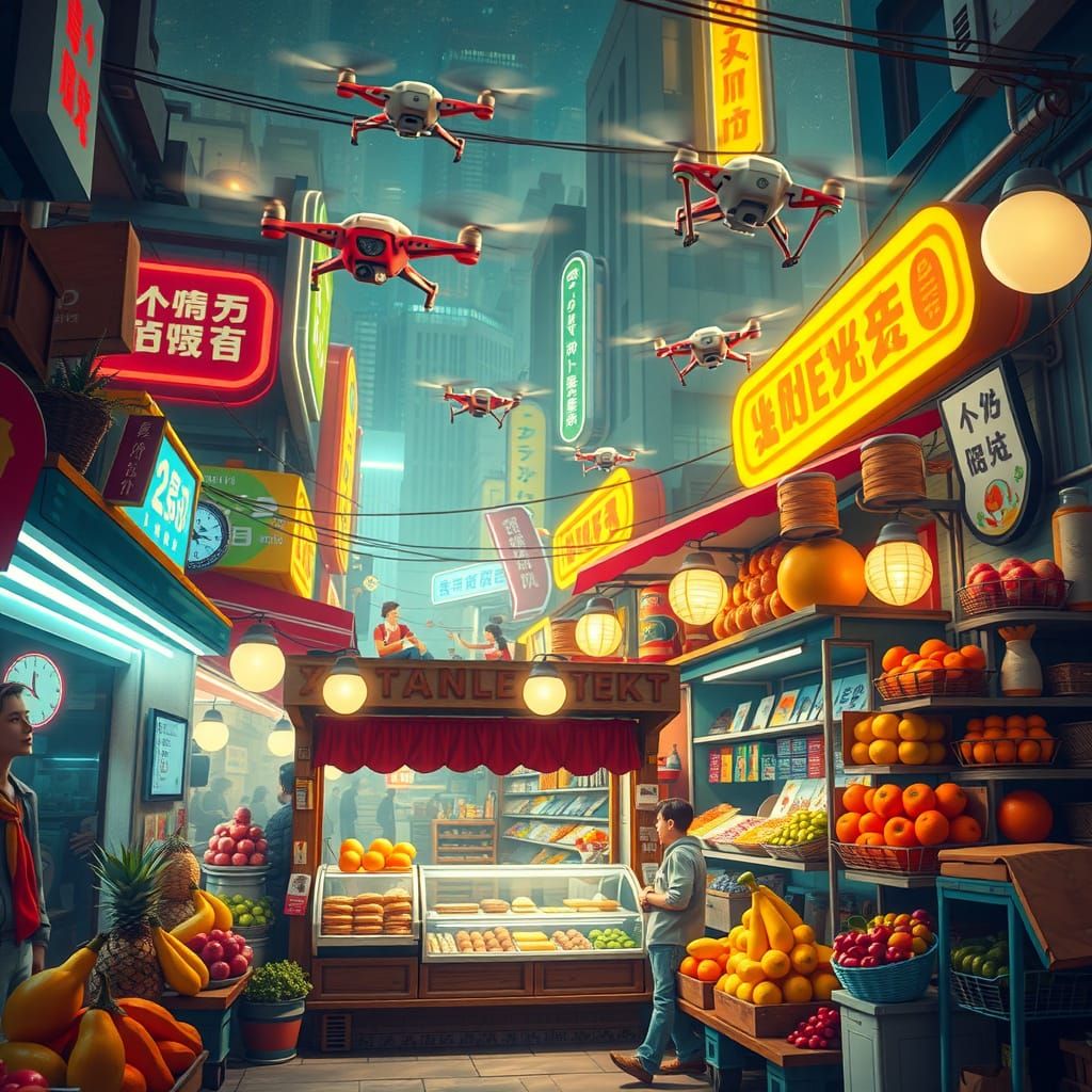 Futuristic Night Market with Humorous Characters and Neon Li...