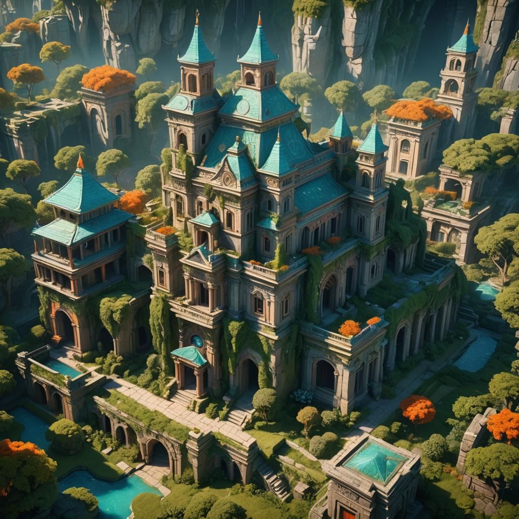 Mystical Multi-Storied Building with Lush Gardens