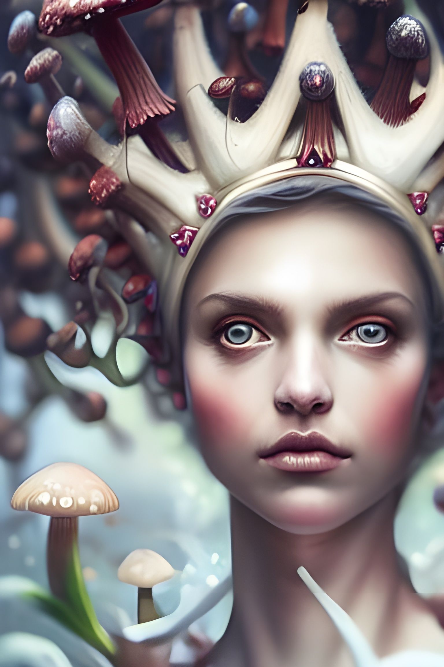 Radiant Mushroom Queen Portrait in Digital Art Style