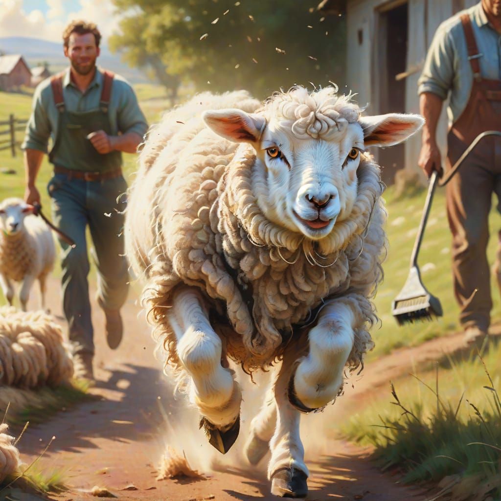 Frightened Lamb Runs from Shearer: Digital Art