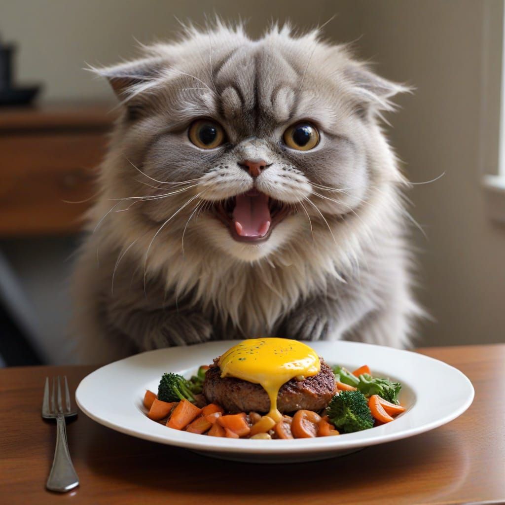 Surreal Cat Feeding Scene