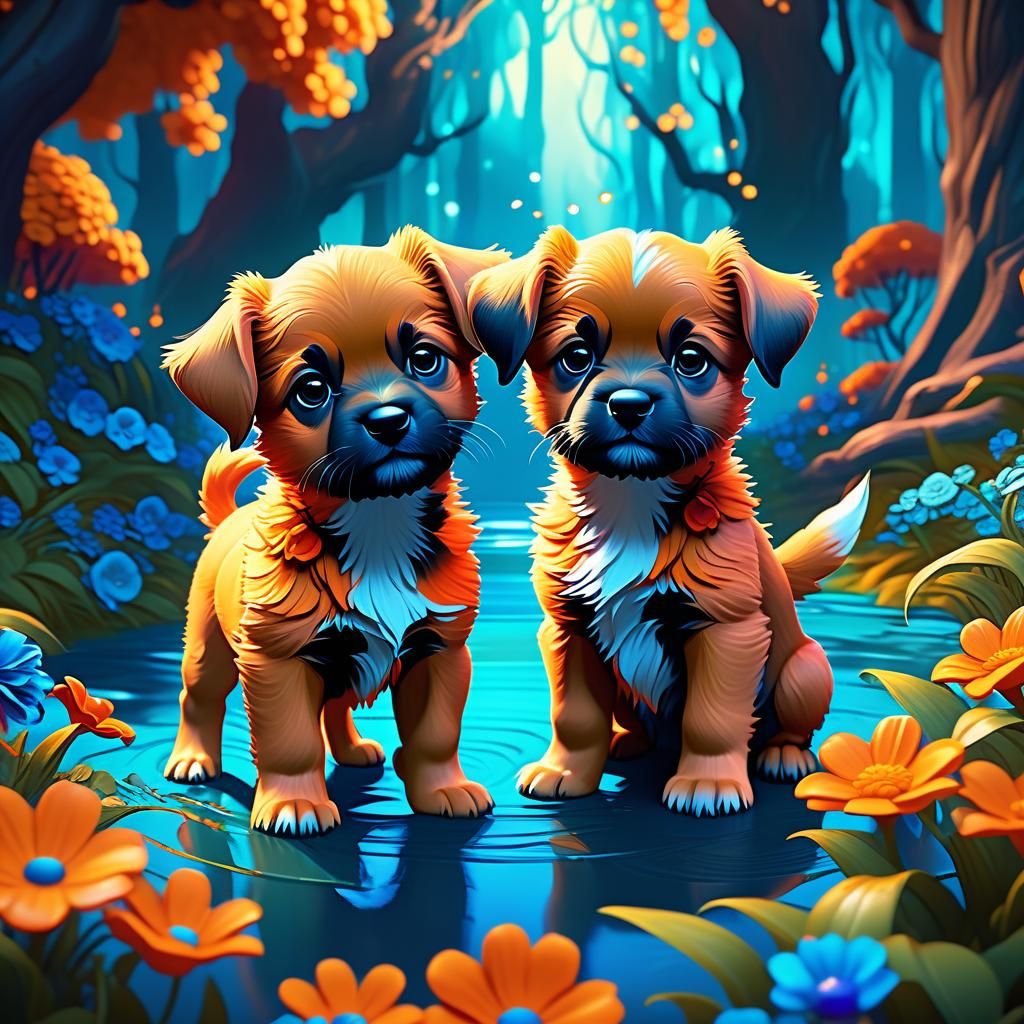 Puppies Play in Enchanted Forest: Fantasy Art