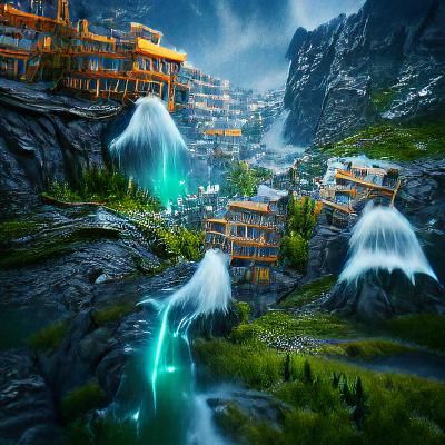 Waterfalls Over Elven City: Detailed Matte Painting