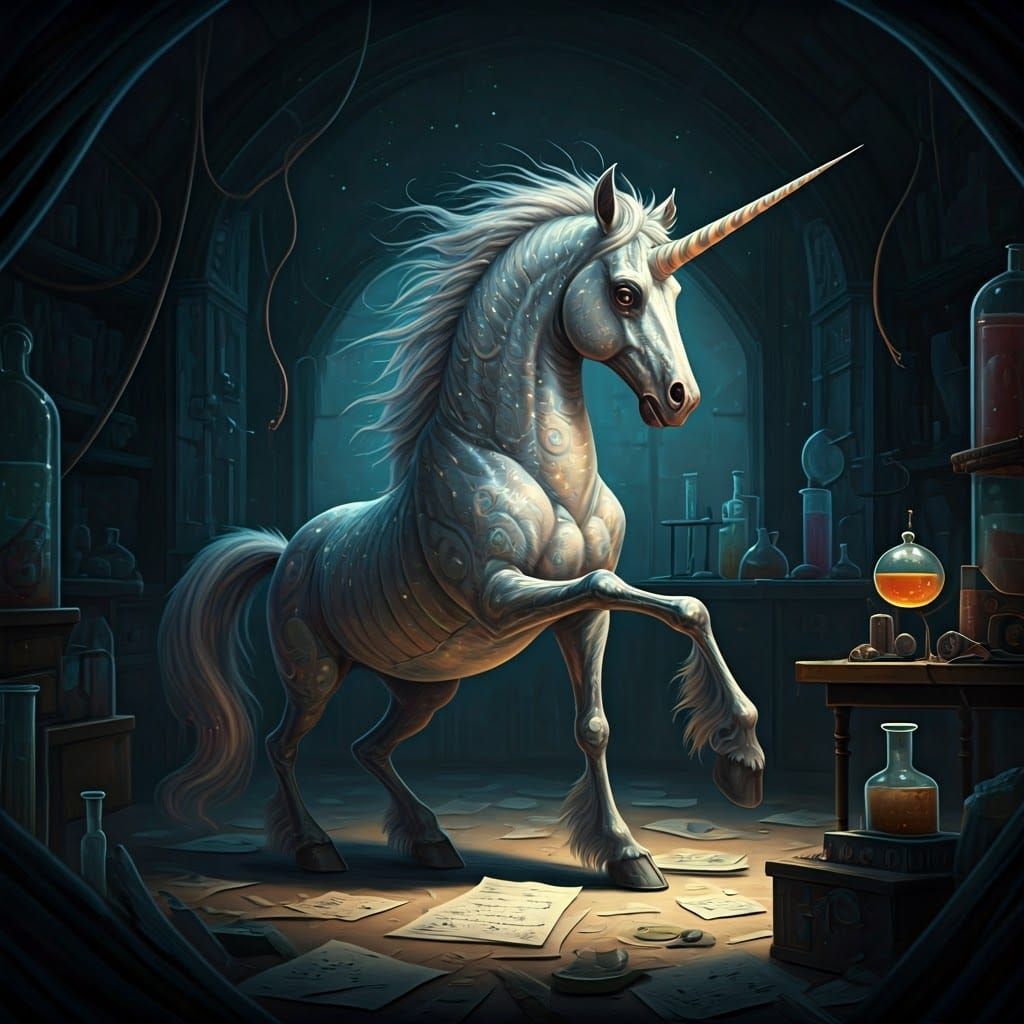 Frazzled Unicorn in Surreal Laboratory, Dreamlike Illustrati...