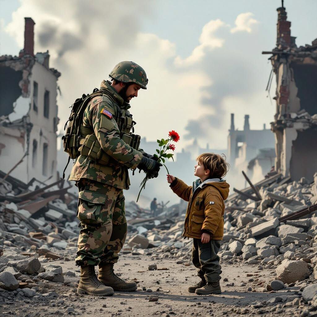 Soldier Offers Flower in War-Torn City, Street Art Style