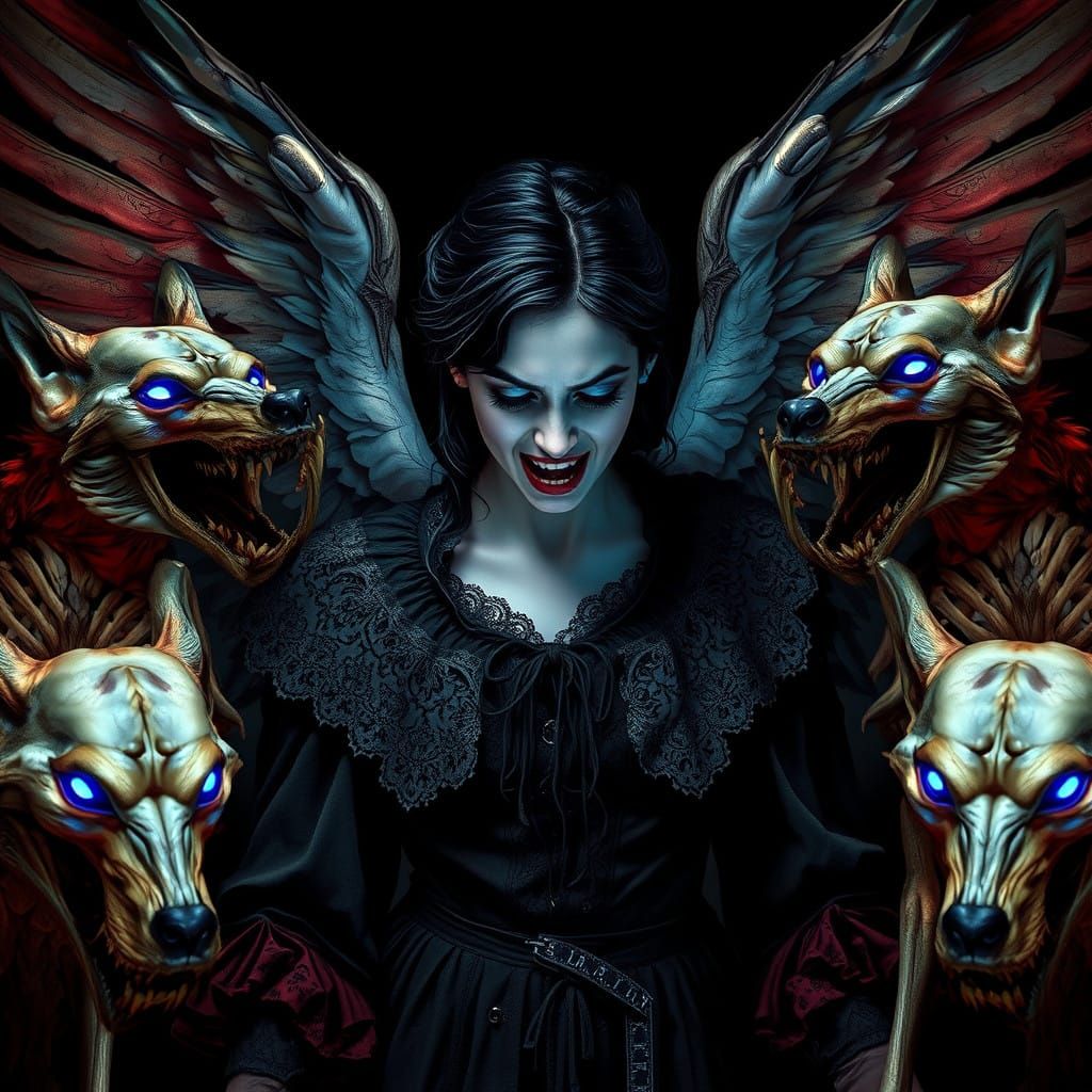 Haunted Angel Encircled by Blue-Eyed Skeleton Wolves in Vict...