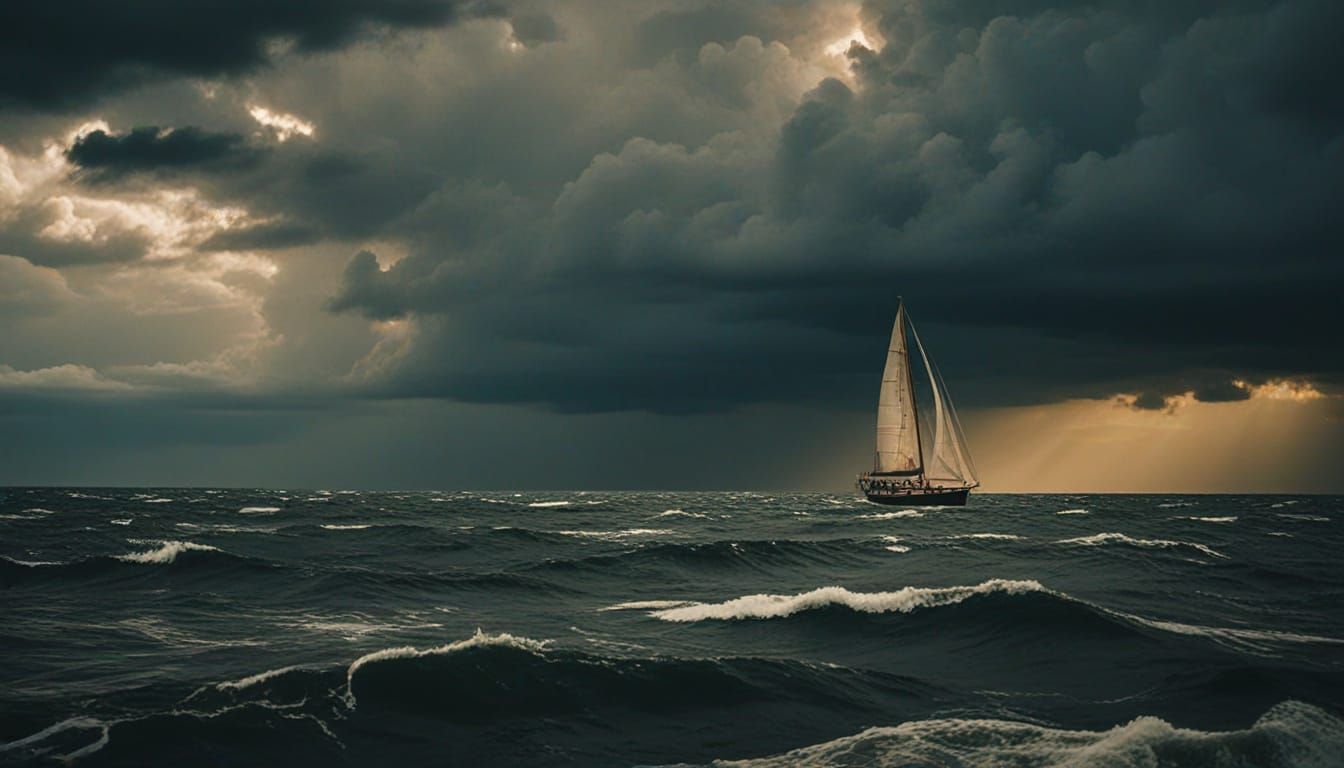 Epic Yacht in Turbulent Sea, Cinematic Film Still