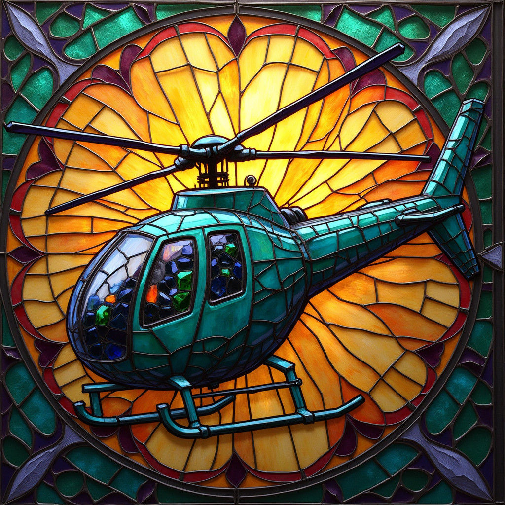 Stained Glass Helicopter in Vibrant Art Nouveau Style