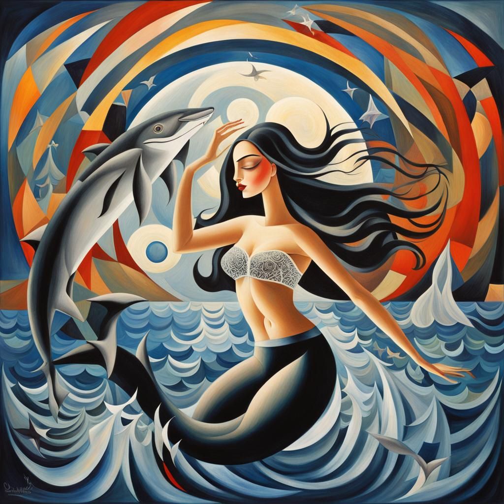 Woman Posing on Shark in Steamy Water: Cubist Style