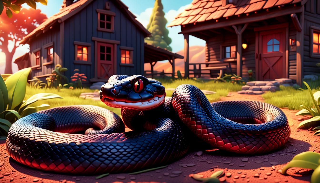 Happy Snake Sleeps near Farmhouse in 3D Digital Art