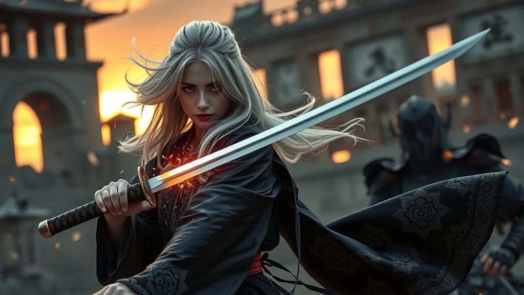 Elegant Duel of a Silver-Haired Samurai Princess