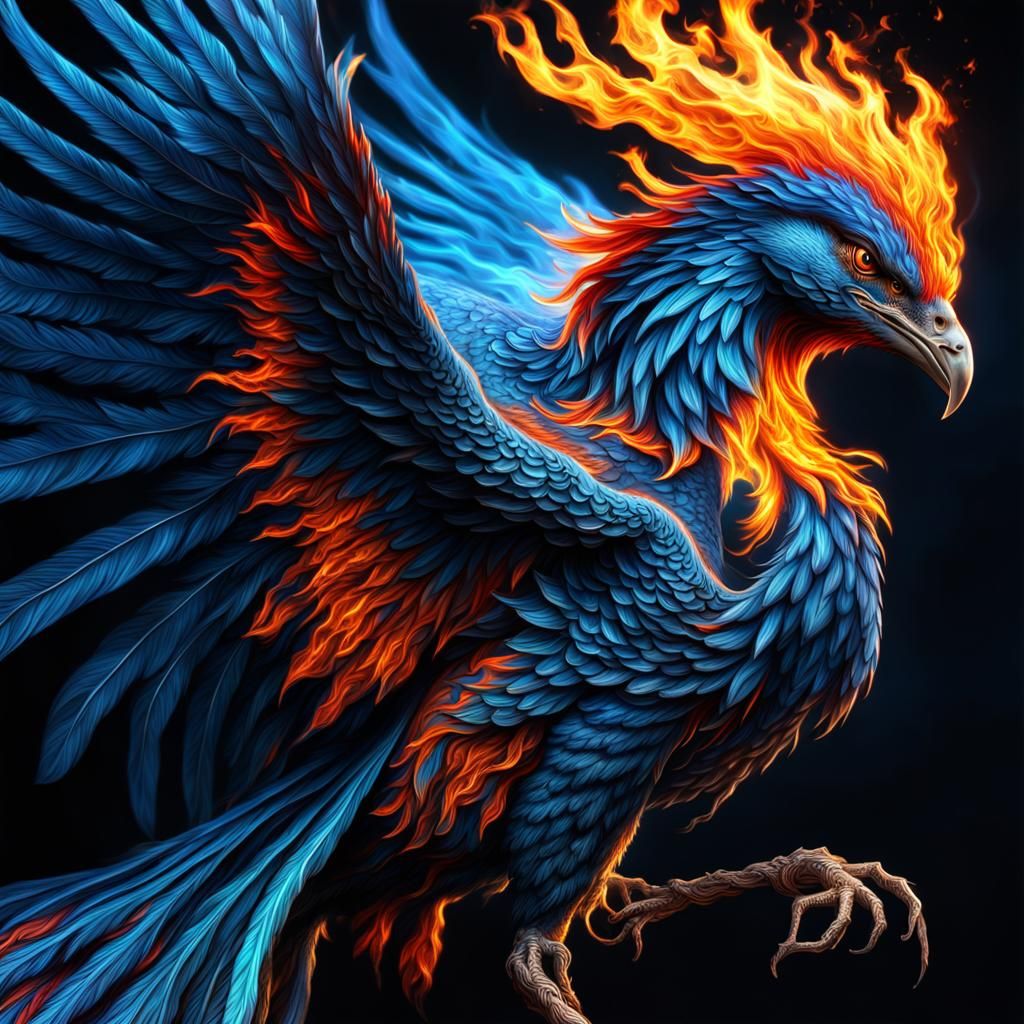 Fiery Blue Phoenix Dancing in Flames: Hyperrealistic Image