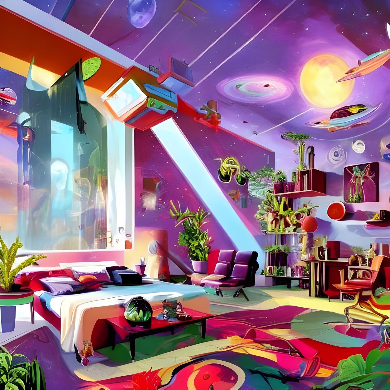 Intergalactic Master Bedroom with Space Plants in Googie Sty...
