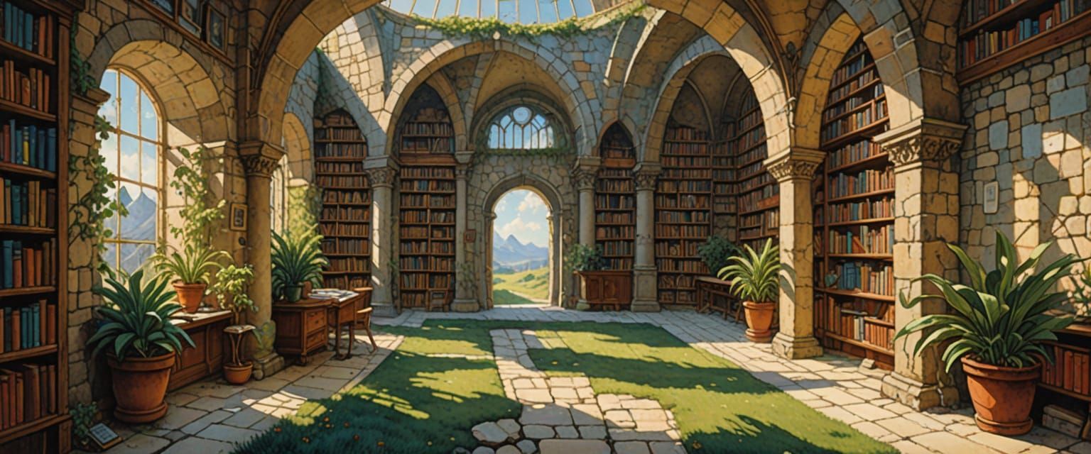 Abandoned Library in Vast Sky, Watercolor Comic Style