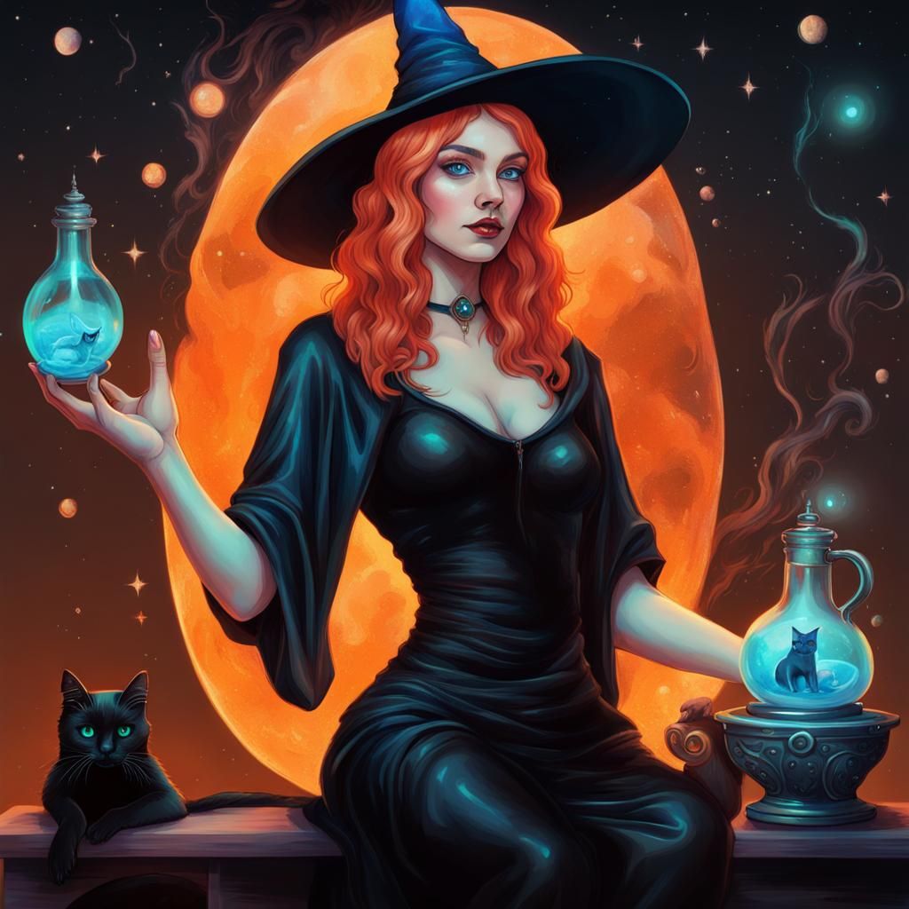 Modern Witch with Cat: Holographic Astral Illustration