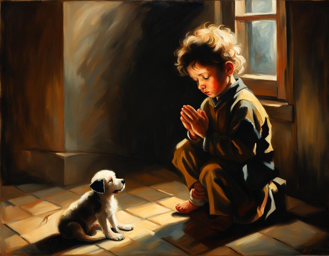 Boy Prayers for Puppy in Rembrandt Style
