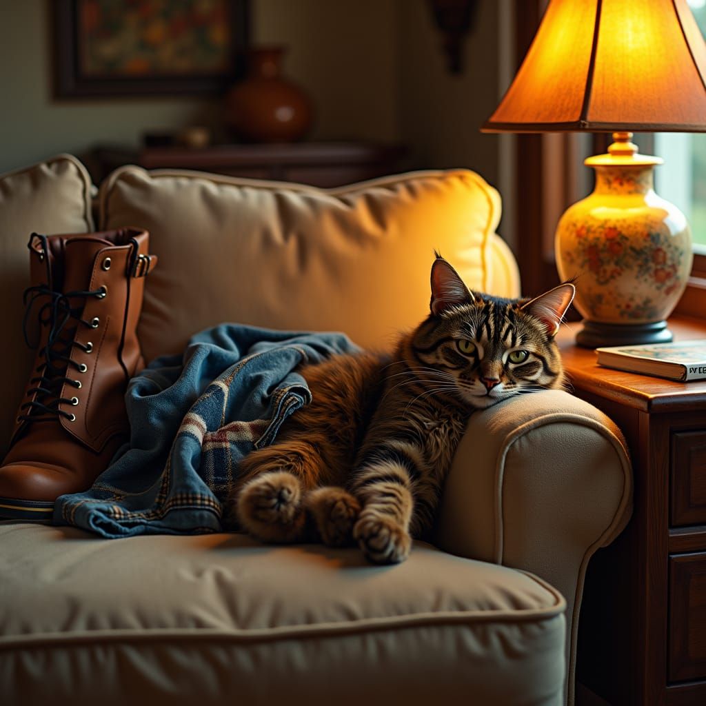 Sophisticated Cat Lounging in Tuscan-Inspired American Room