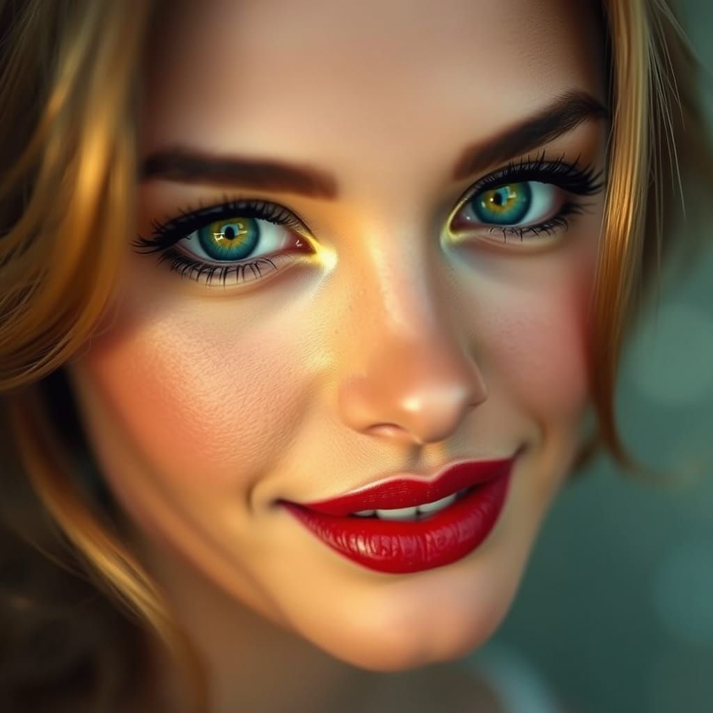 Surreal Portrait of a Woman with Emerald Green Eyes and Gold...