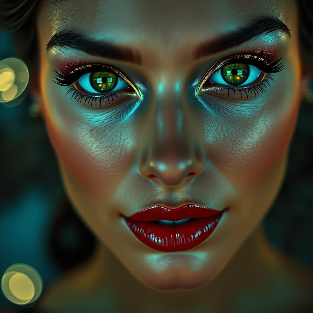 Surreal Portrait in Cyberpunk Style with Emerald Eyes