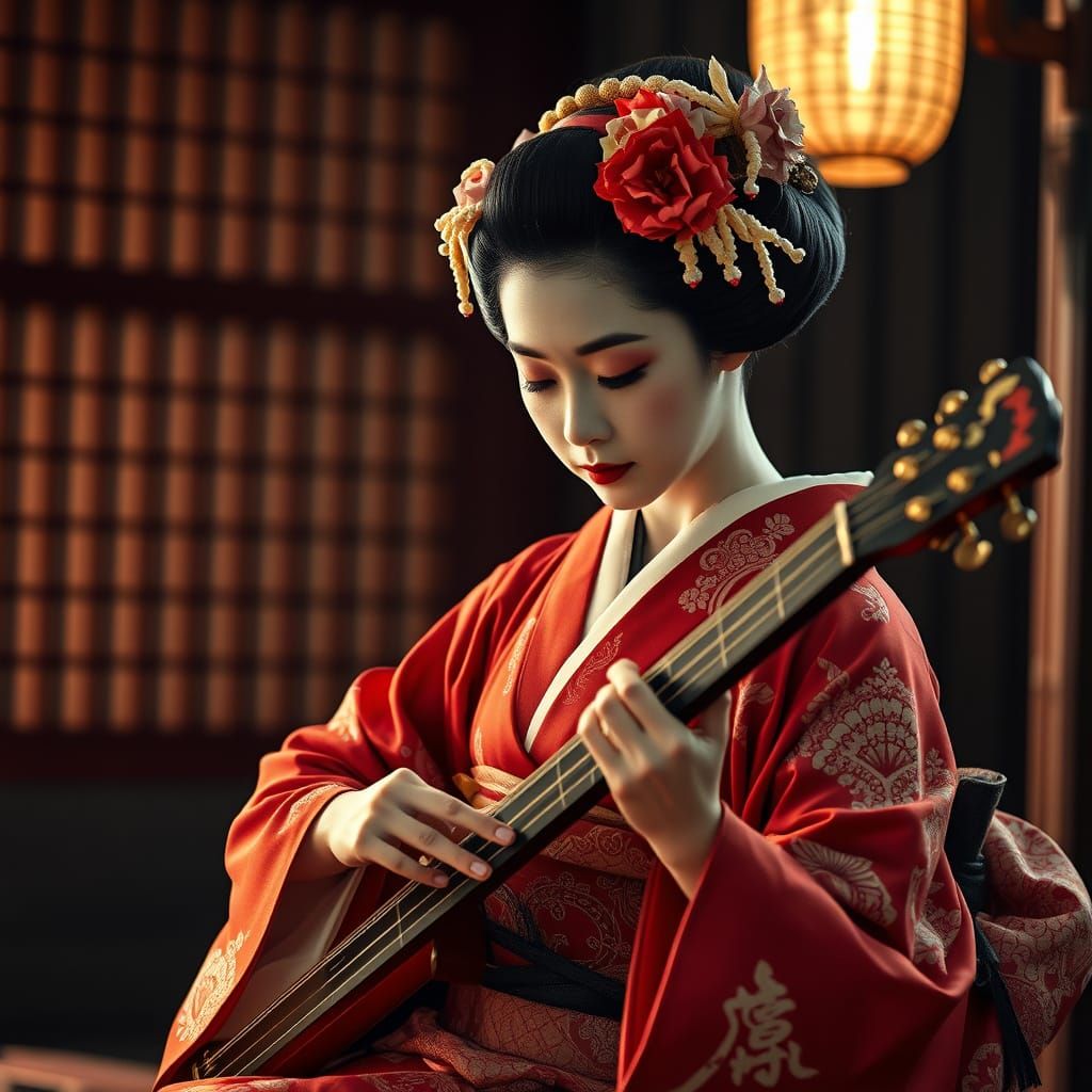 Geisha Playing Koto: Hyperrealistic & Cinematic