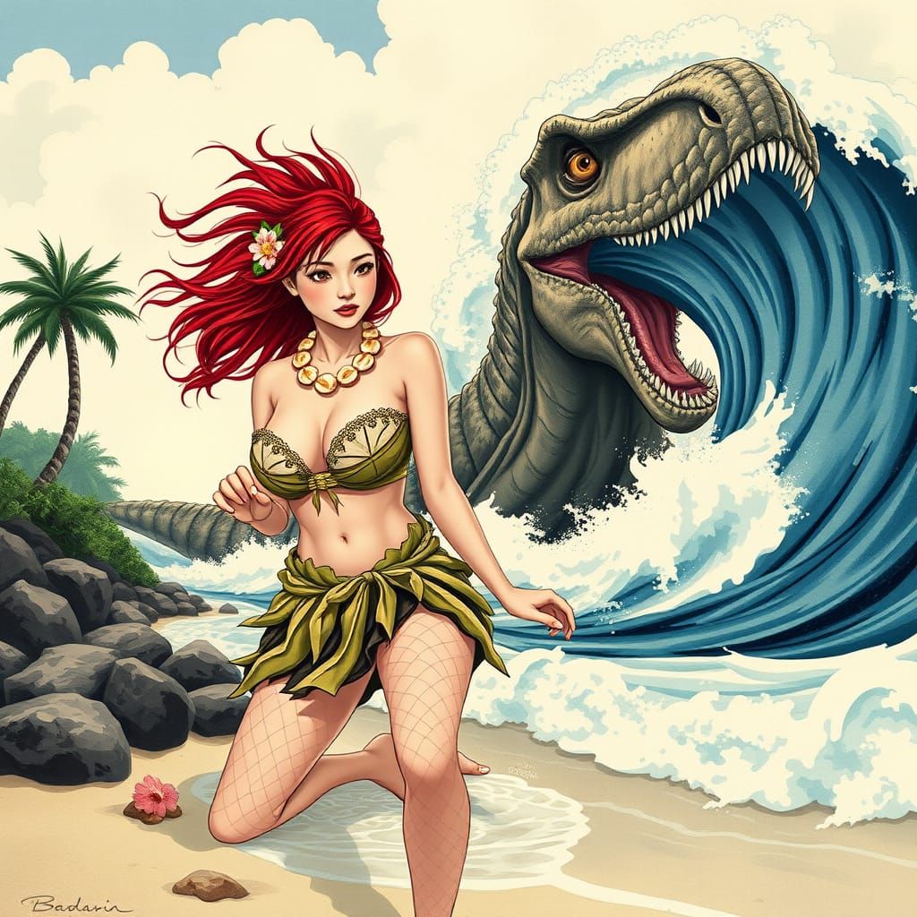 T-Rex Attack on Beach, in Hokusai Wave Style