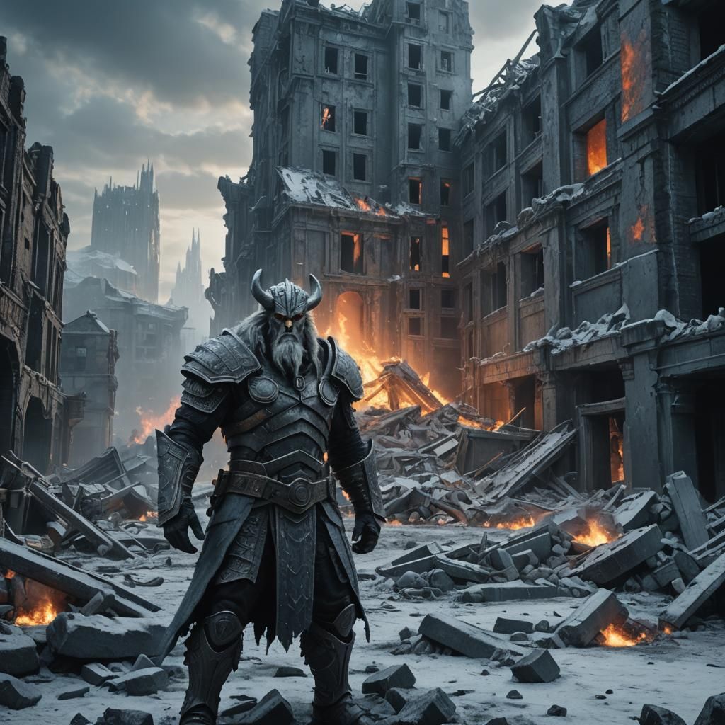 Frost Giant in Ruined City: Cinematic Matte Painting