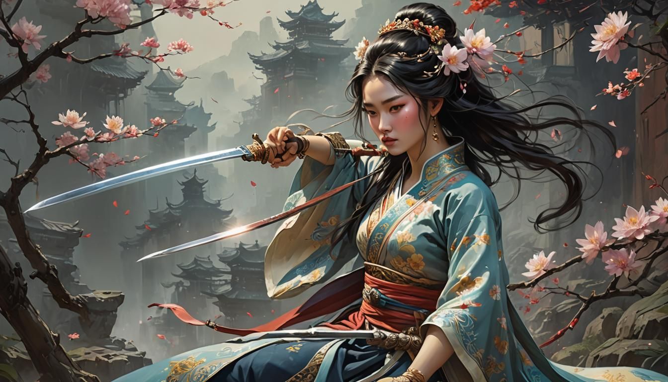 Wuxia Princess with Sword in Cinematic Lighting