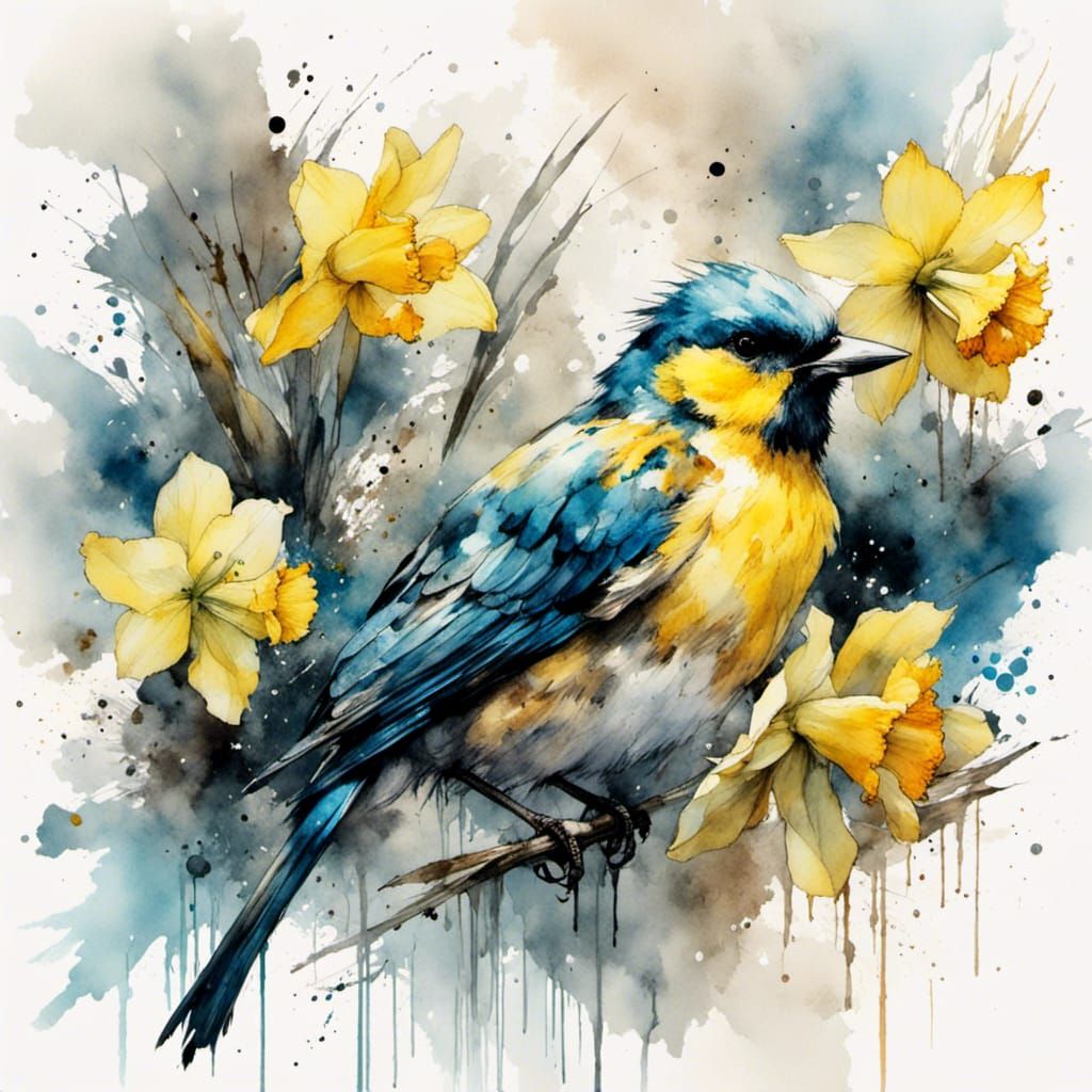 Pastel Bird with Daffodils in Watercolor Splash Art