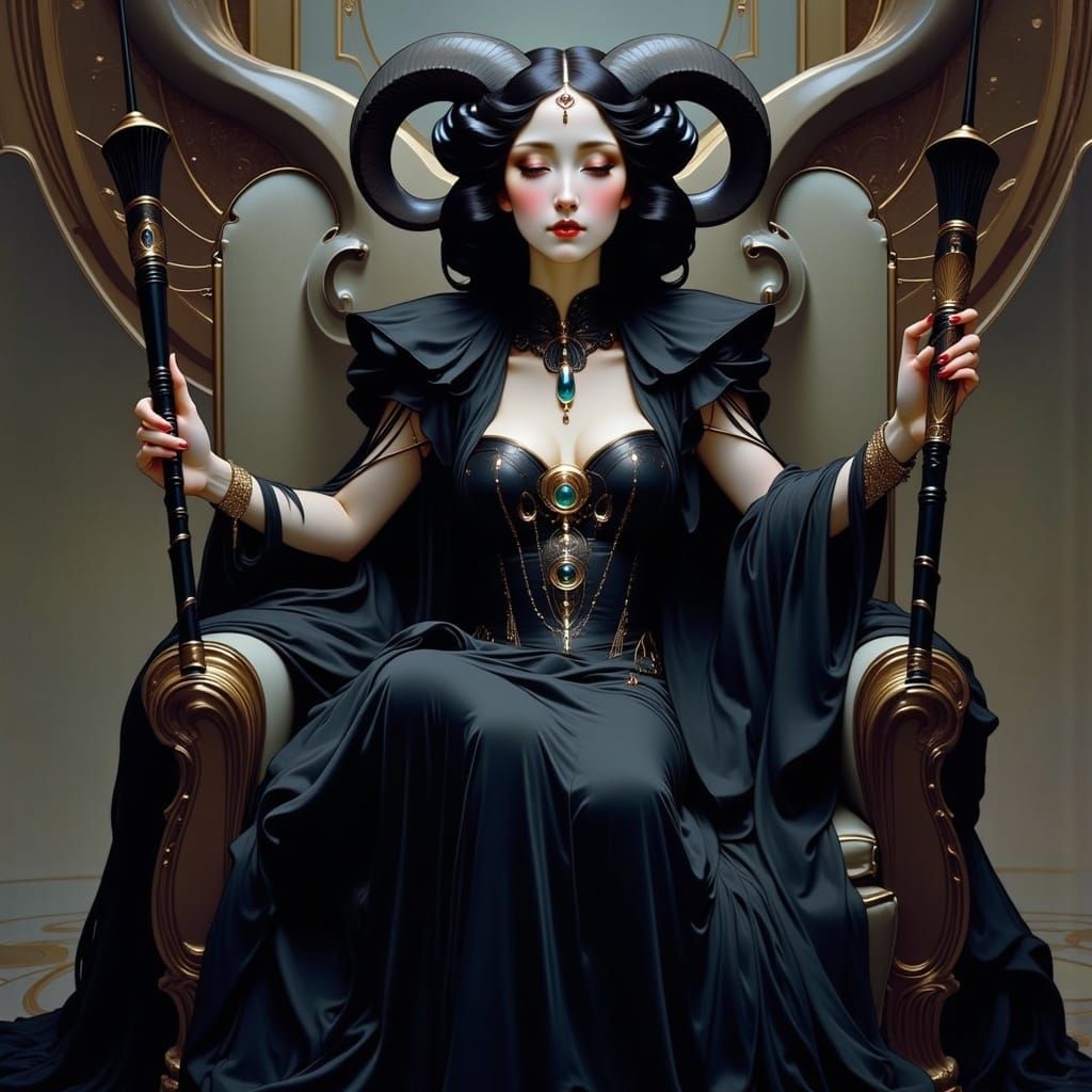Dark Witch Queen on Throne in Art Nouveau